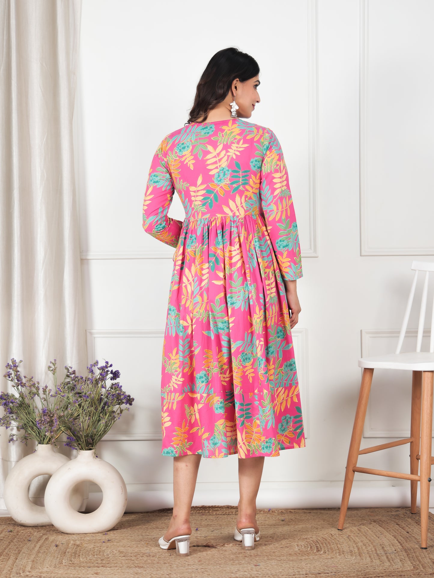 Soft Cotton Foliage Gathered Pink Dress