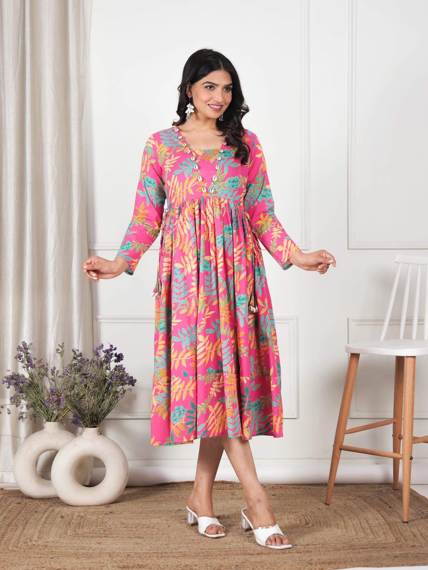 Soft Cotton Foliage Gathered Pink Dress