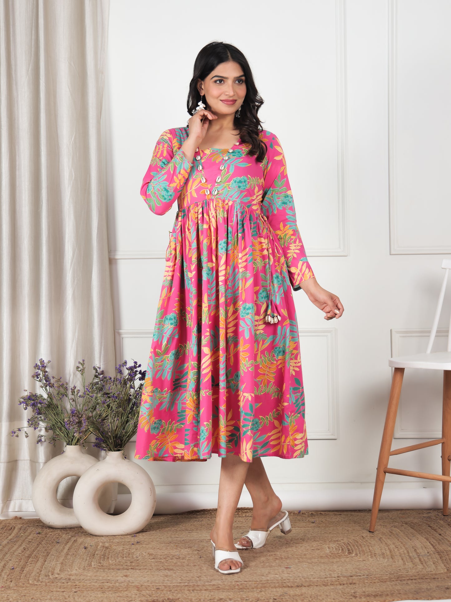 Soft Cotton Foliage Gathered Pink Dress