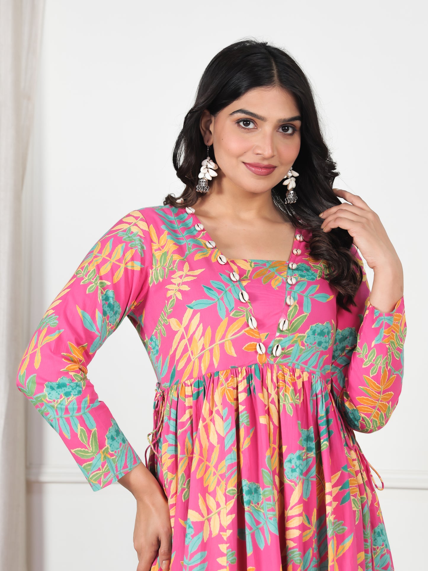 Soft Cotton Foliage Gathered Pink Dress