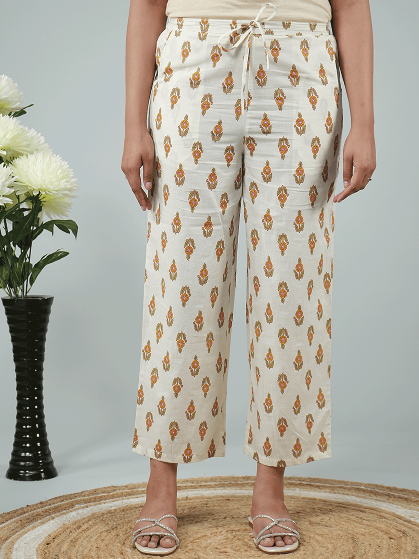 Soft Cotton Floral Cream Straight Trousers