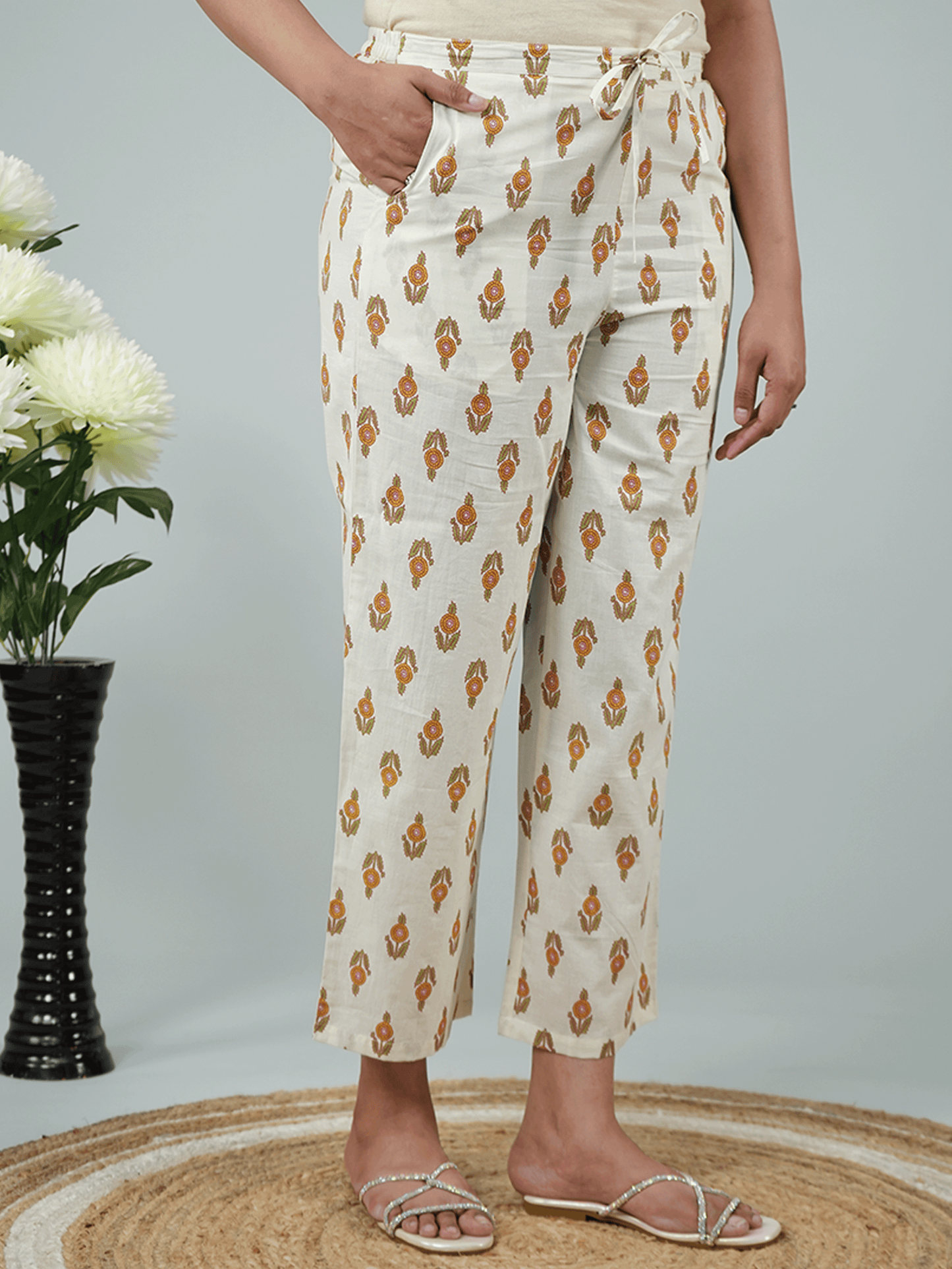 Soft Cotton Floral Cream Straight Trousers