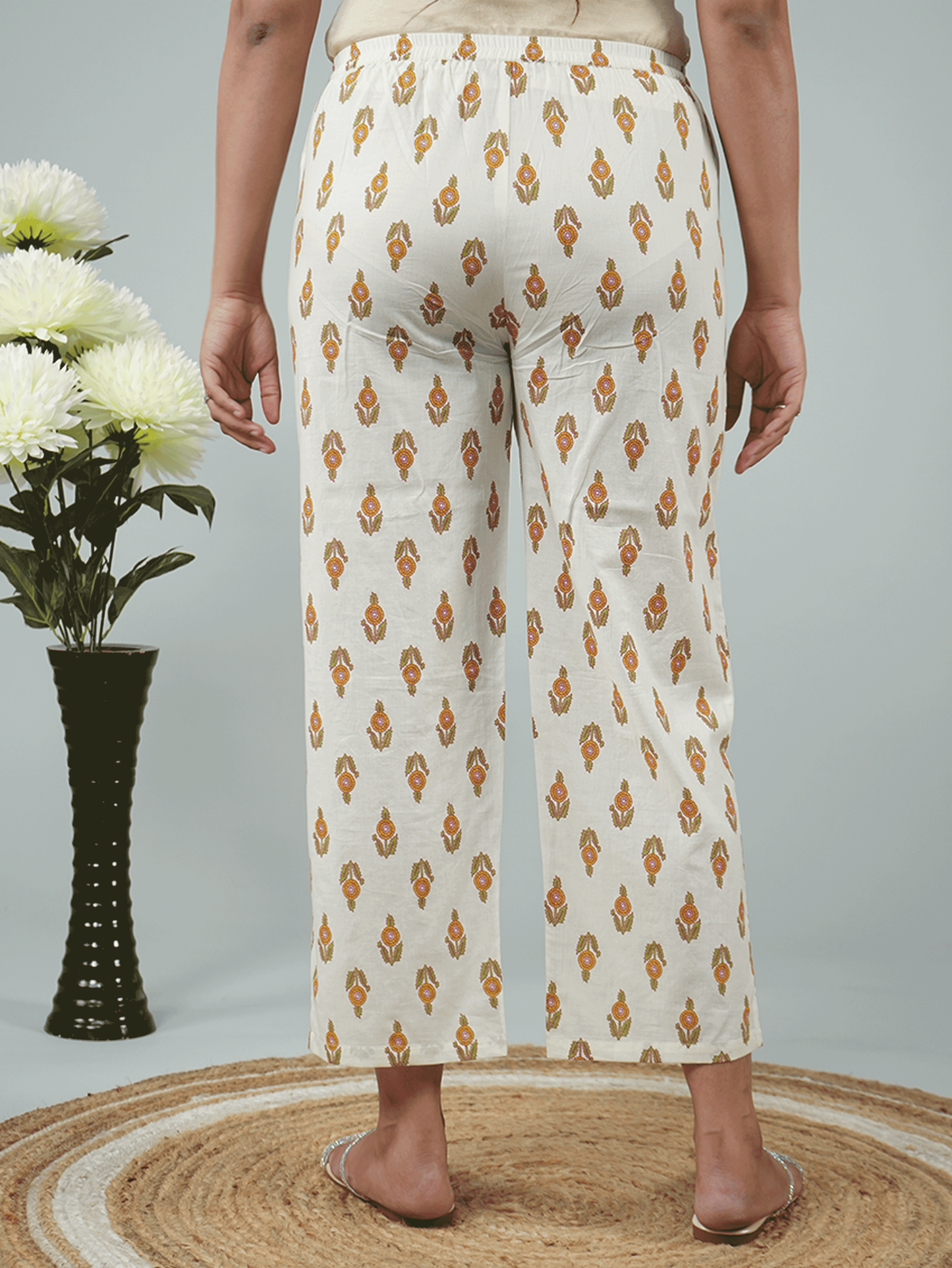 Soft Cotton Floral Cream Straight Trousers