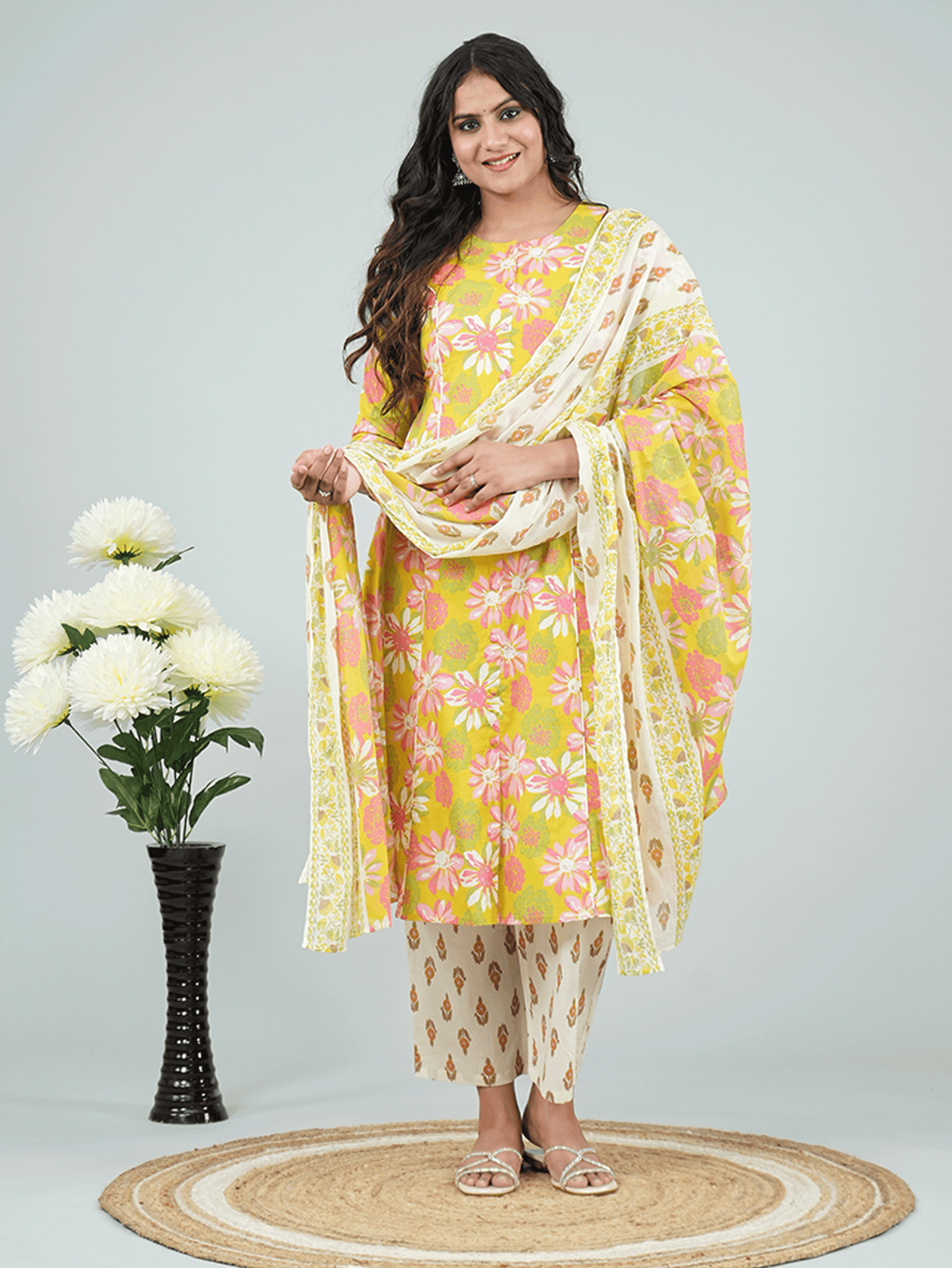 Soft Cotton Floral Flared Green Kurta