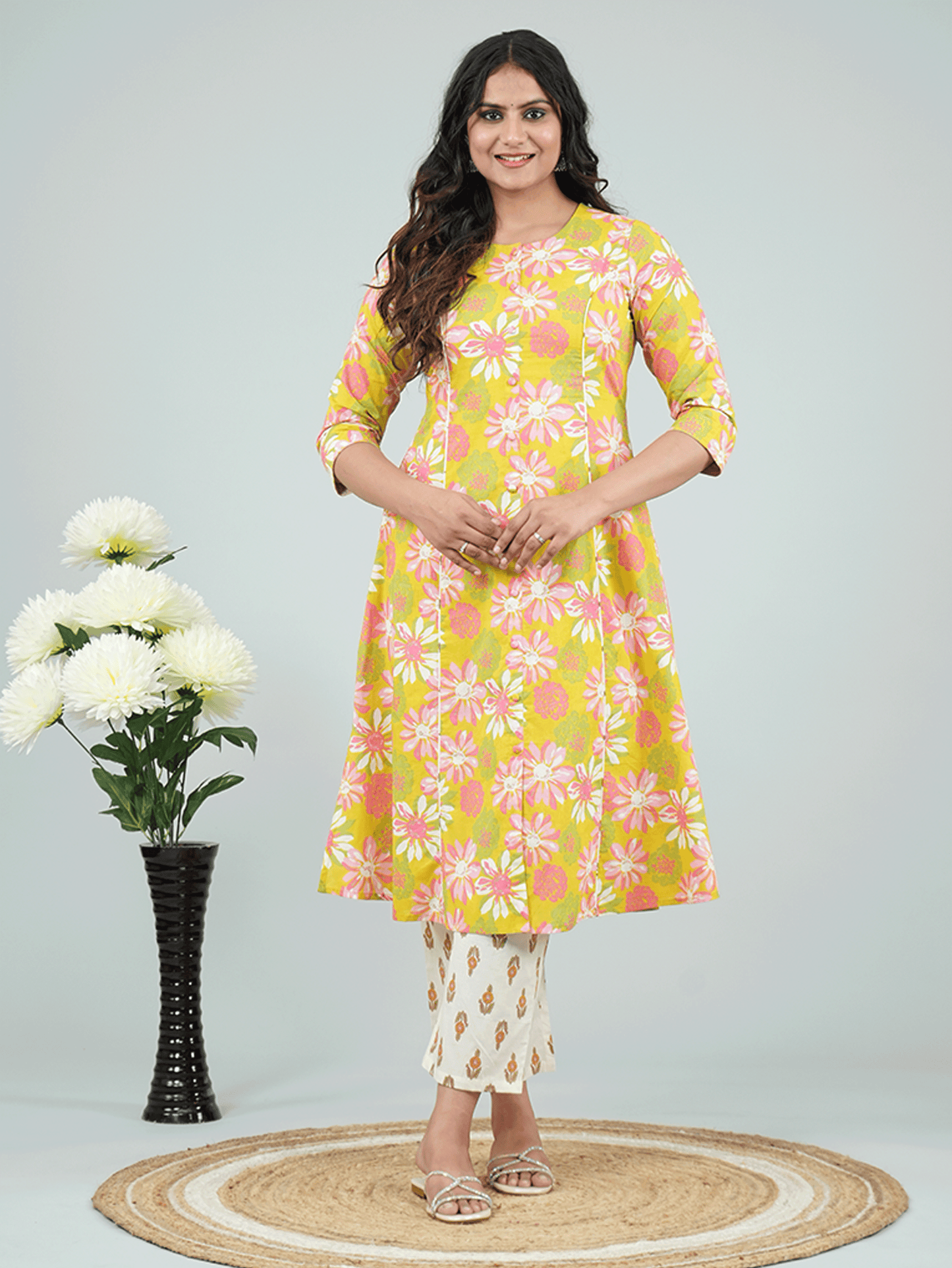 Soft Cotton Floral Flared Green Kurta