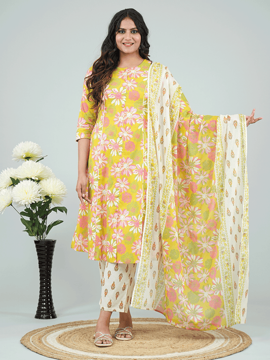 Soft Cotton Floral Flared Green Kurta