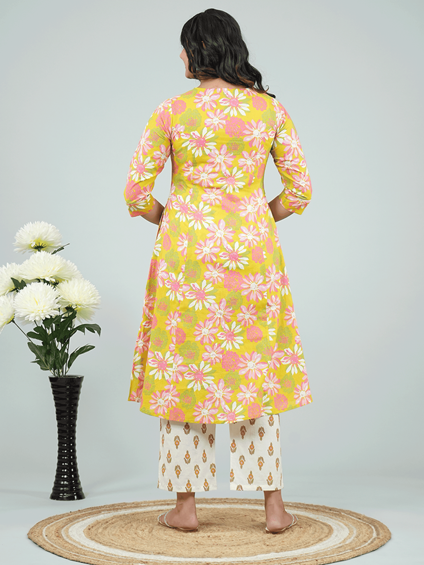 Soft Cotton Floral Flared Green Kurta
