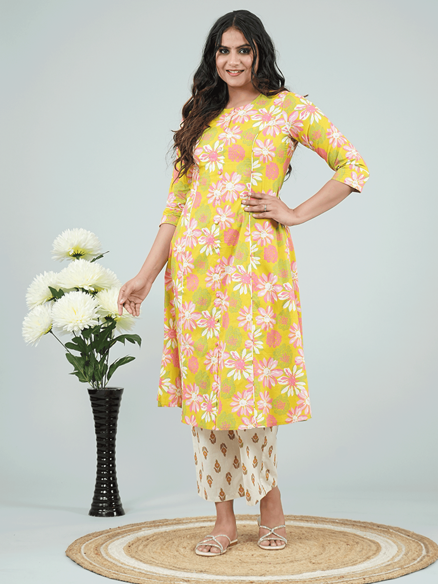 Soft Cotton Floral Flared Green Kurta