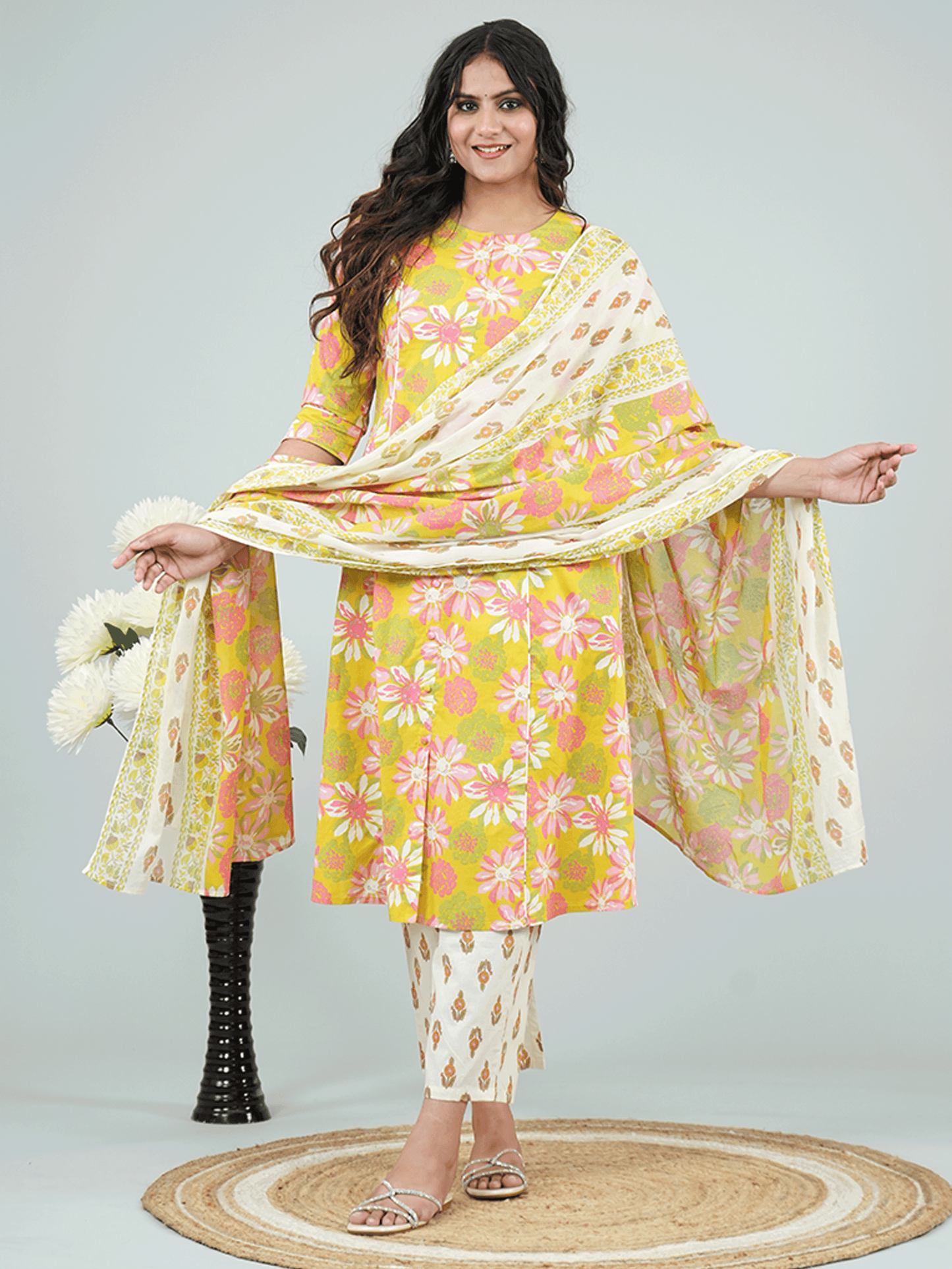 Soft Cotton Floral Flared Green Kurta