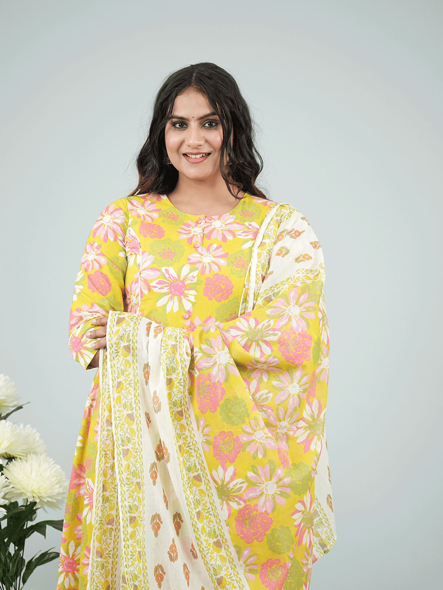 Soft Cotton Floral Flared Green Kurta