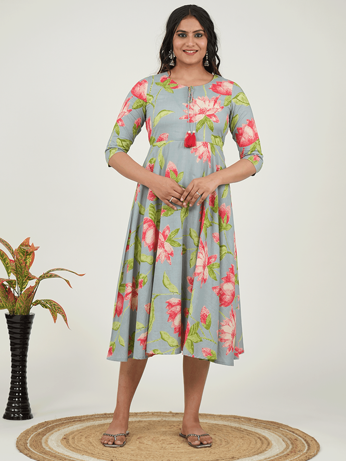 Soft Cotton Floral Anarkali Blue Dress