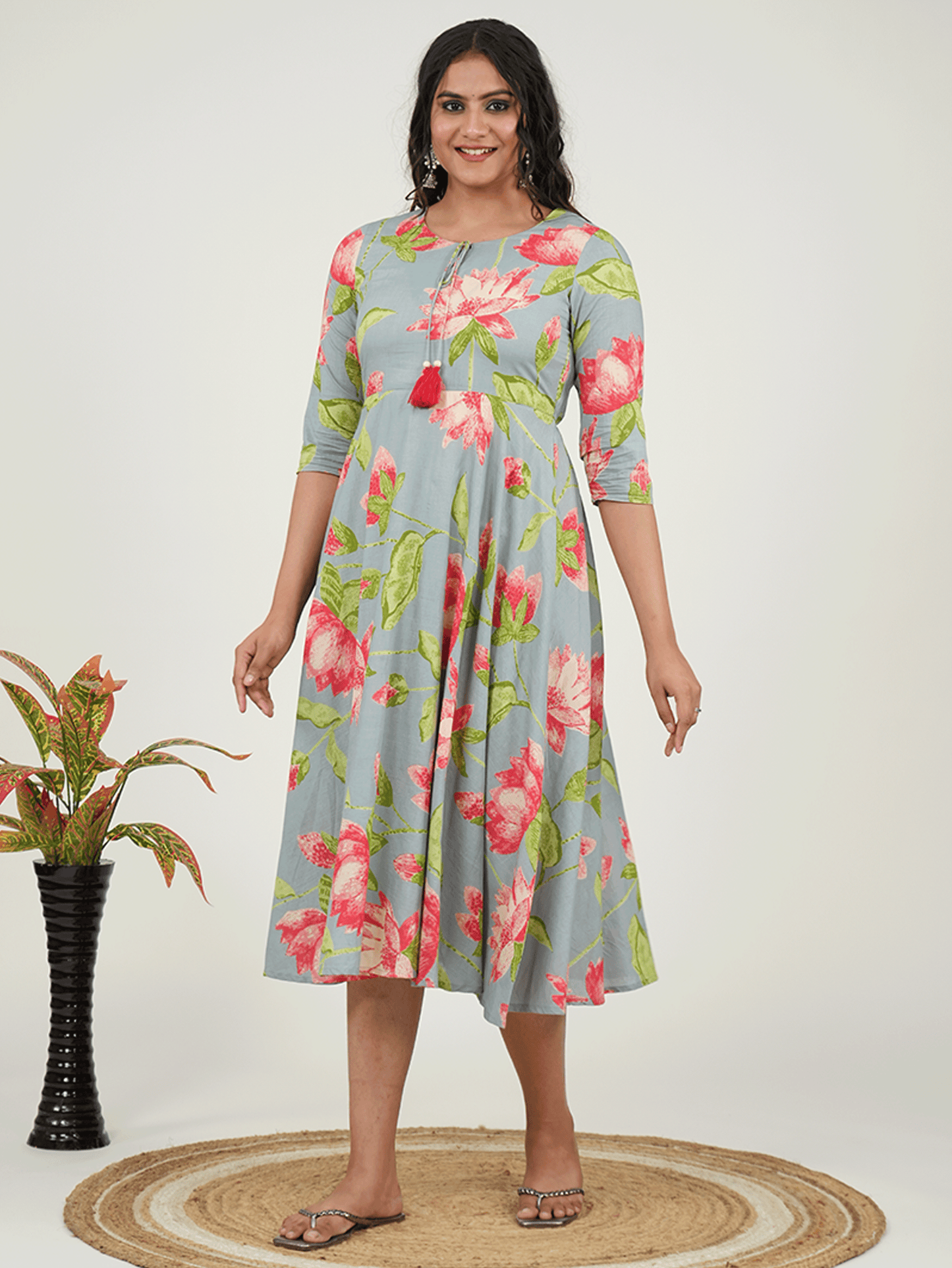 Soft Cotton Floral Anarkali Blue Dress