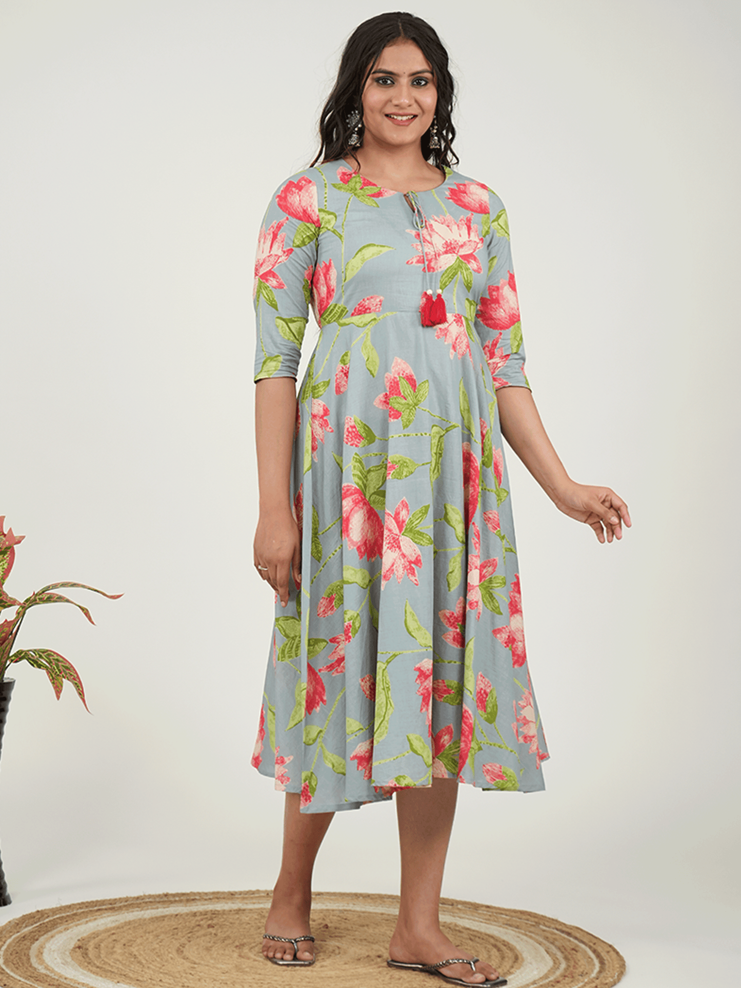 Soft Cotton Floral Anarkali Blue Dress