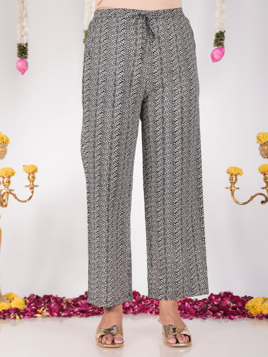 Soft Cotton Geometric White Straight Trousers