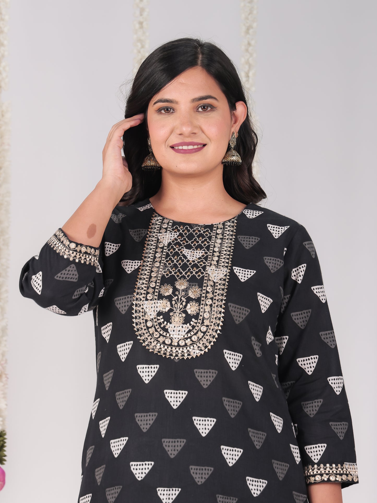 Embroidered Soft Cotton Geometric Straight Black Kurta