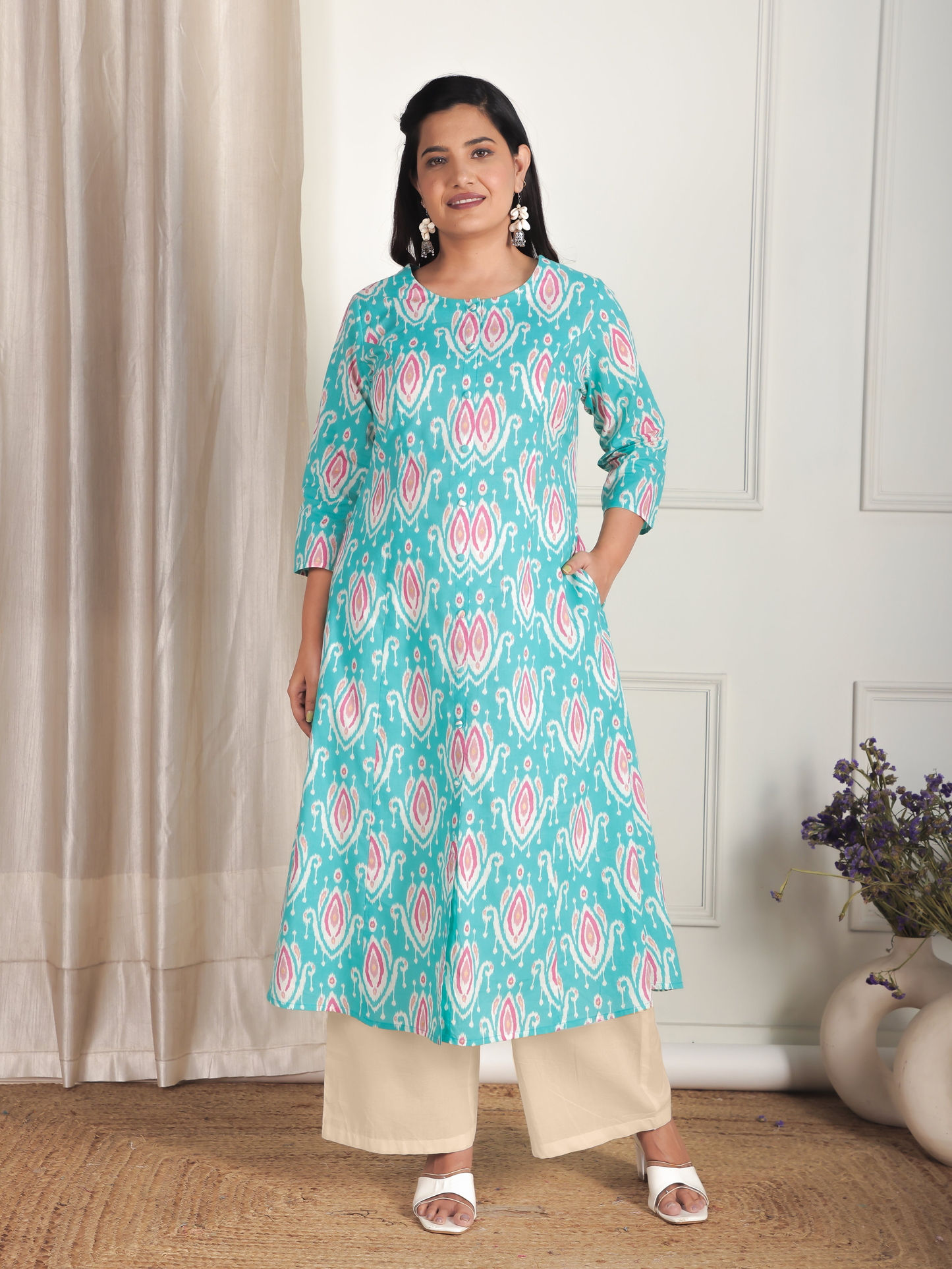 Soft Cotton Ikat A-line Green Kurta