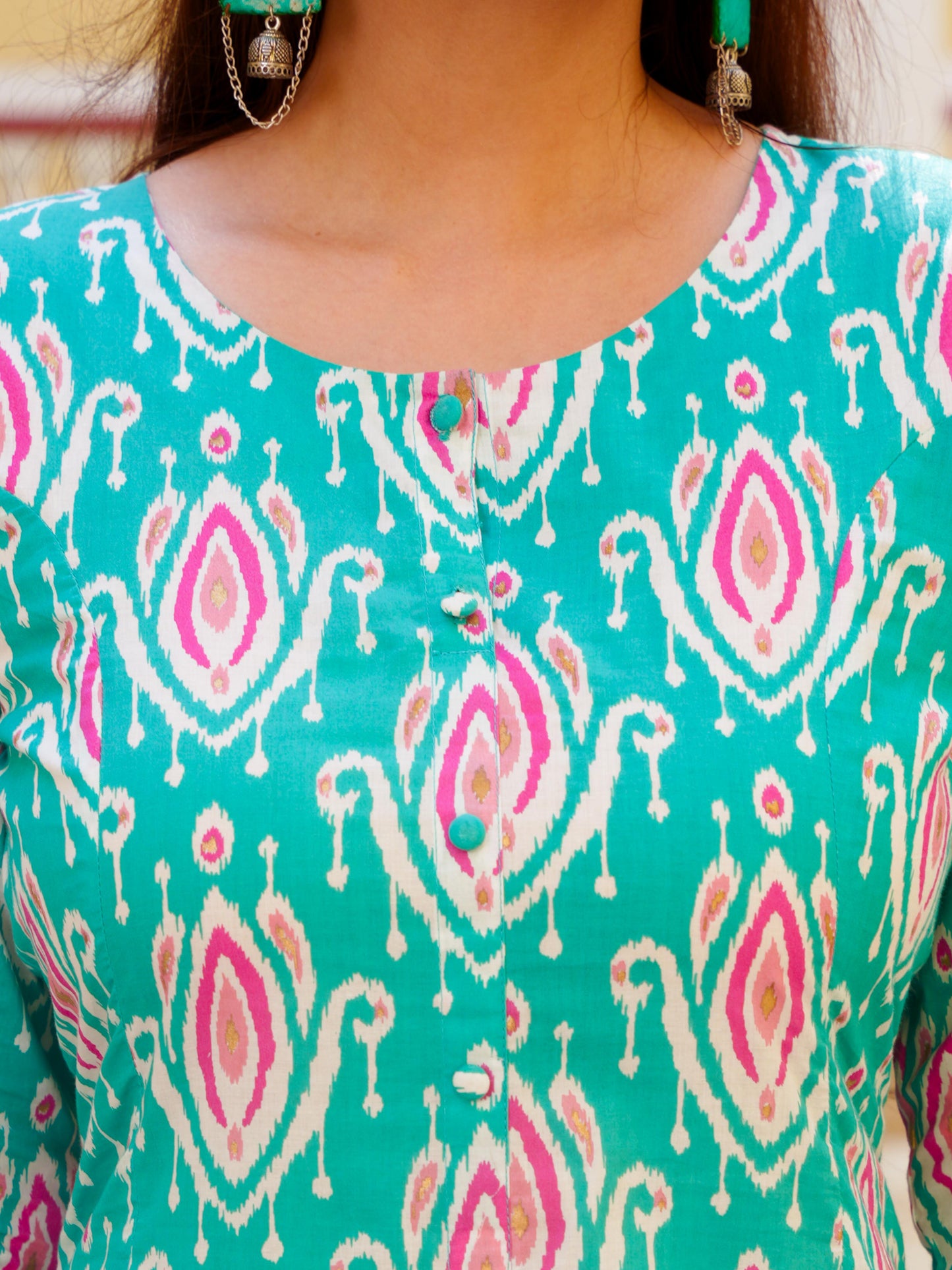 Soft Cotton Ikat A-line Green Kurta