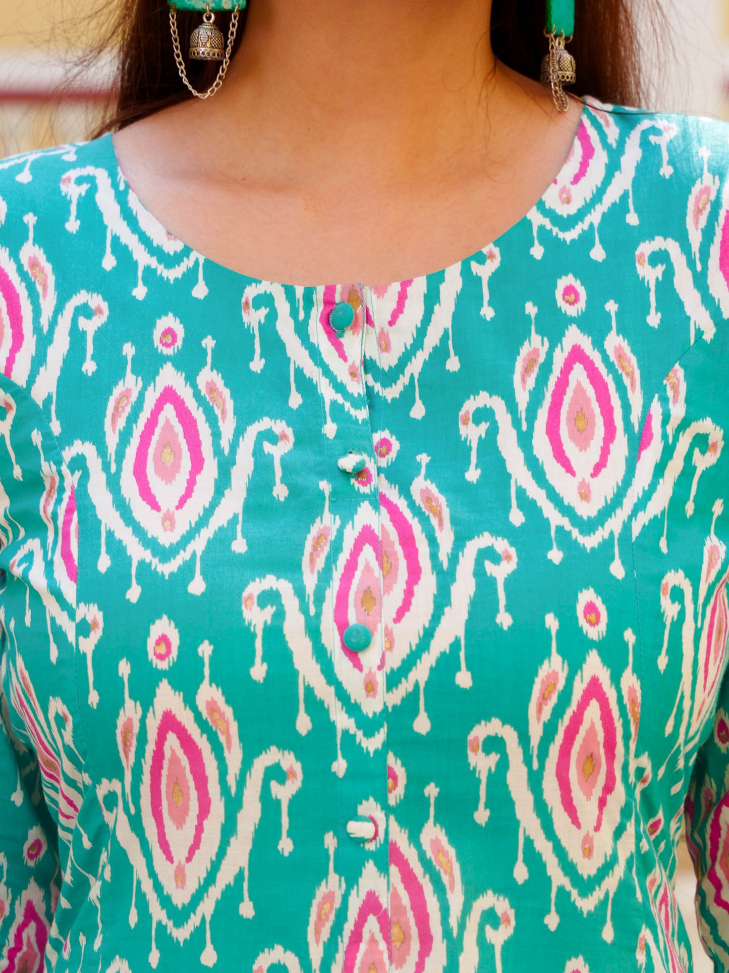 Soft Cotton Ikat A-line Green Kurta