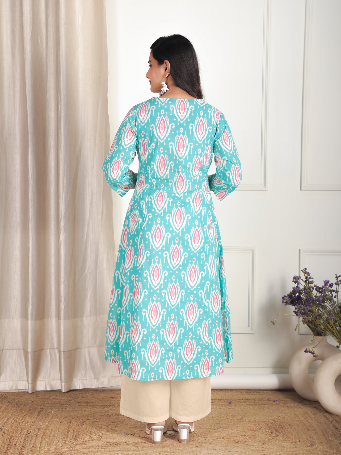 Soft Cotton Ikat A-line Green Kurta