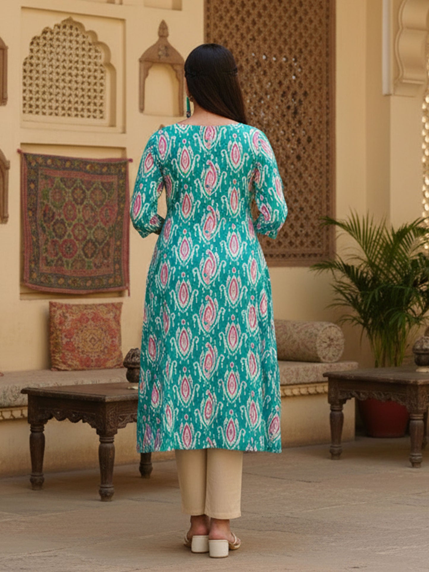 Soft Cotton Ikat A-line Green Kurta