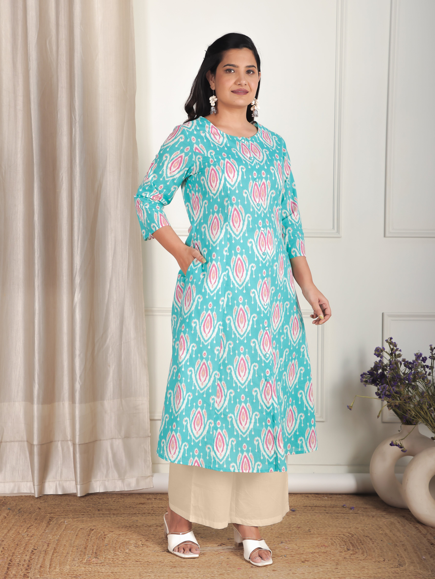 Soft Cotton Ikat A-line Green Kurta