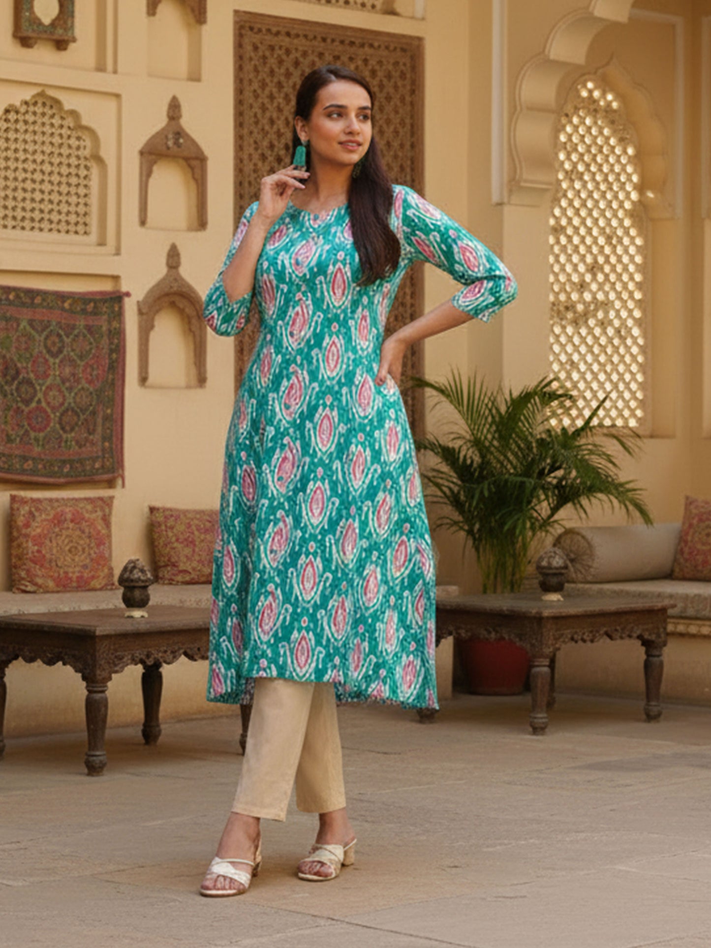 Soft Cotton Ikat A-line Green Kurta