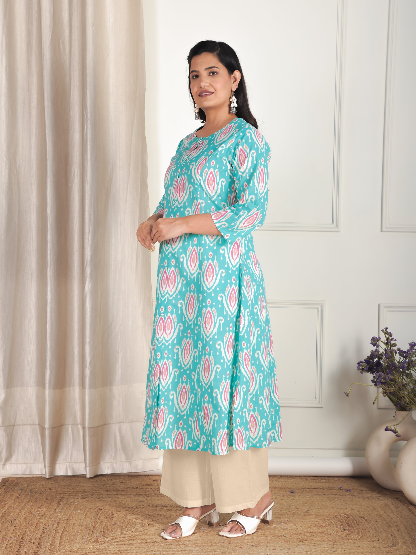 Soft Cotton Ikat A-line Green Kurta