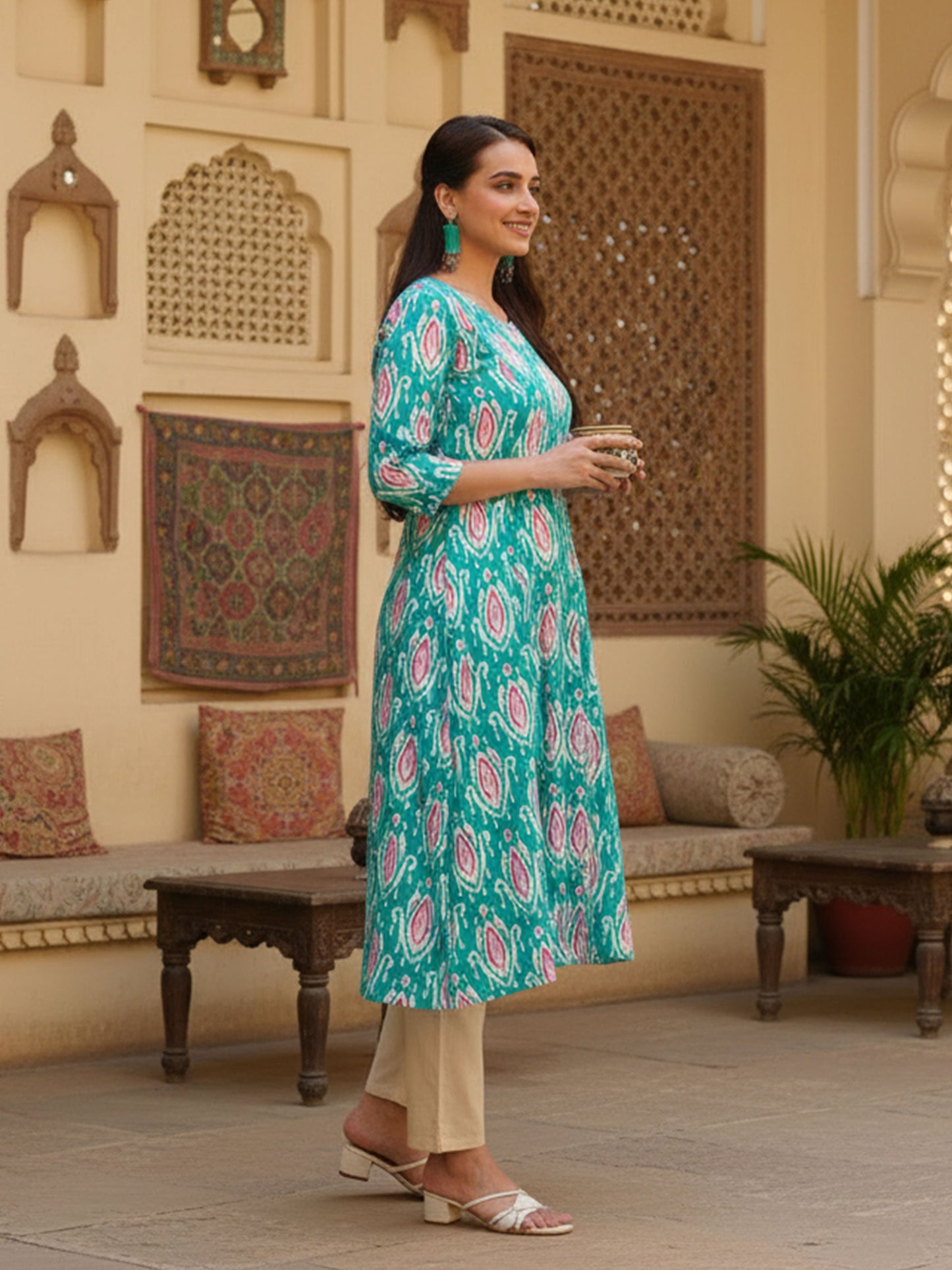 Soft Cotton Ikat A-line Green Kurta