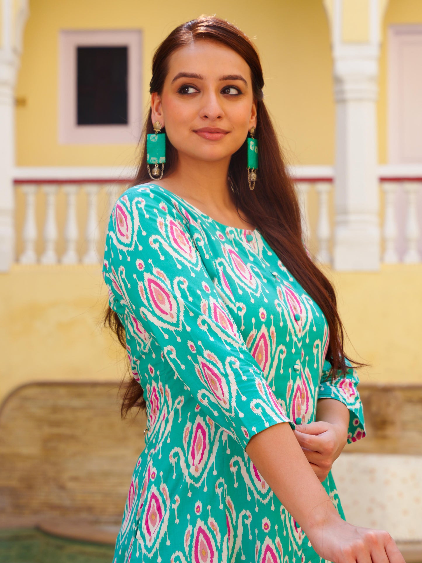 Soft Cotton Ikat A-line Green Kurta