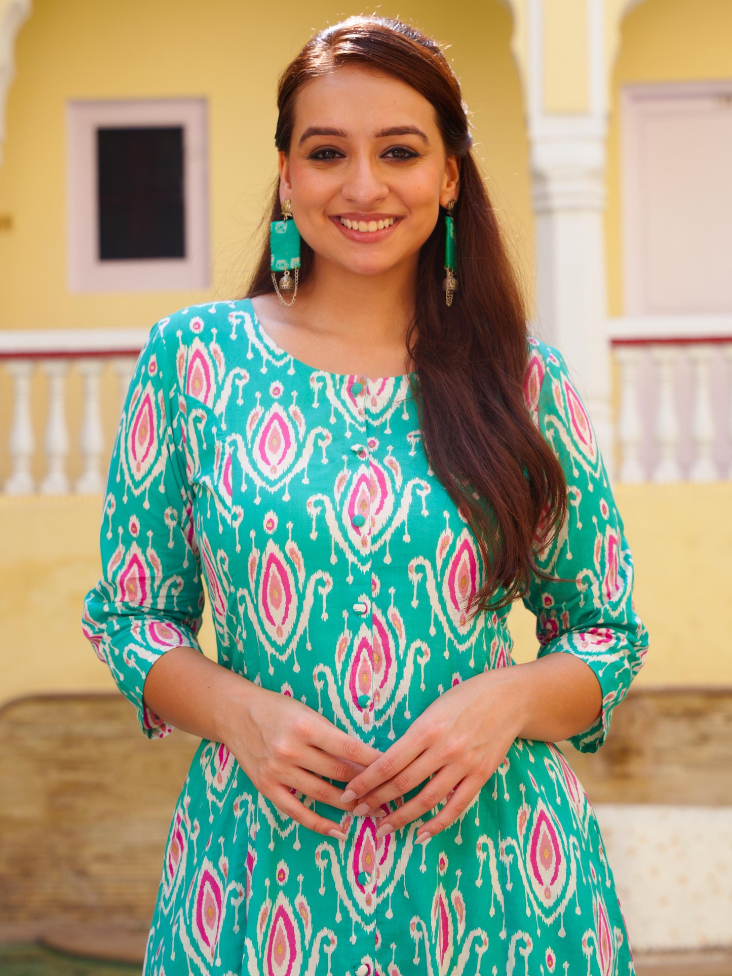 Soft Cotton Ikat A-line Green Kurta