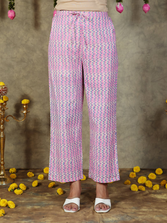 Soft Cotton Striped Pink Straight Trousers