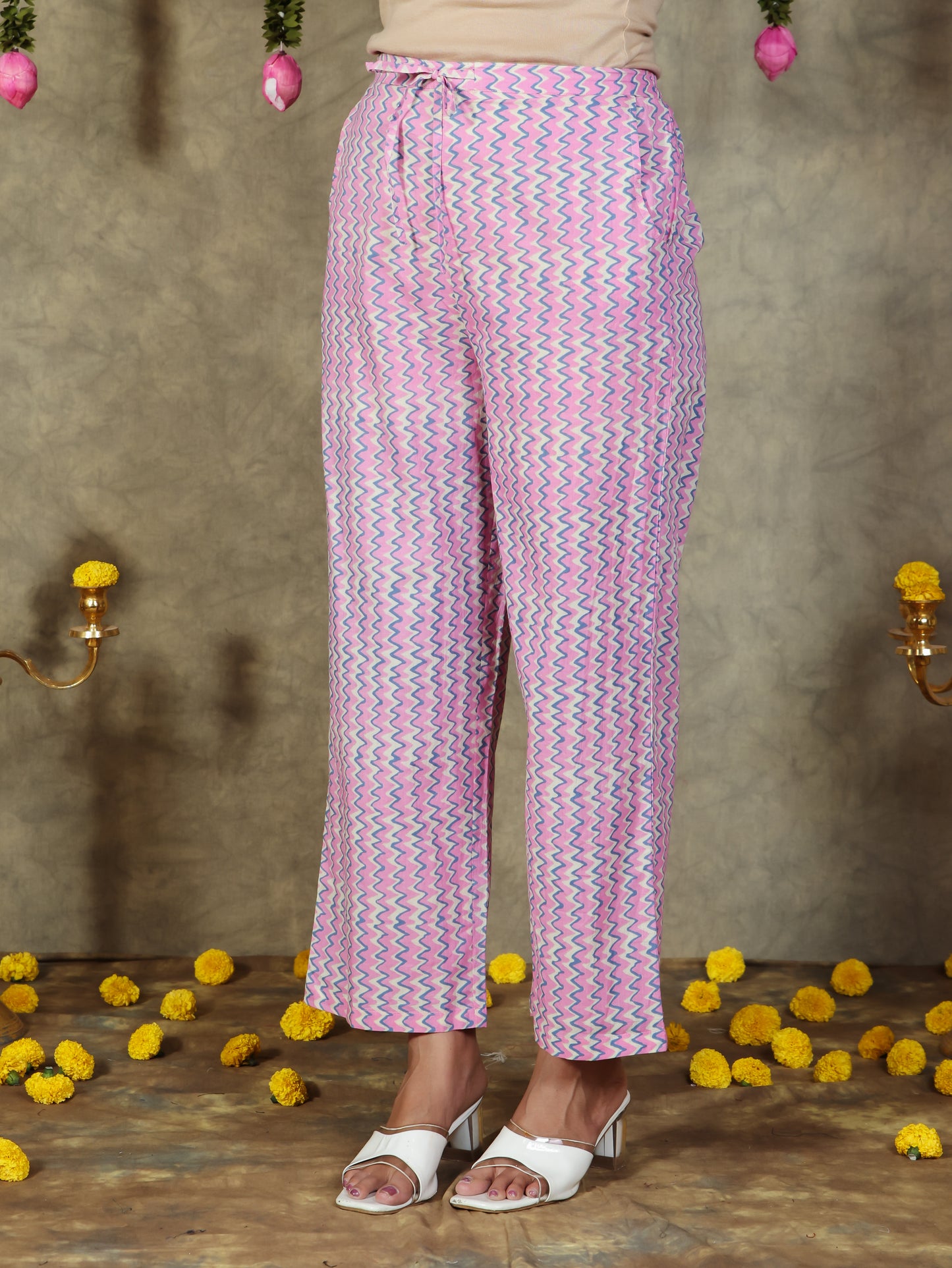 Soft Cotton Striped Pink Straight Trousers