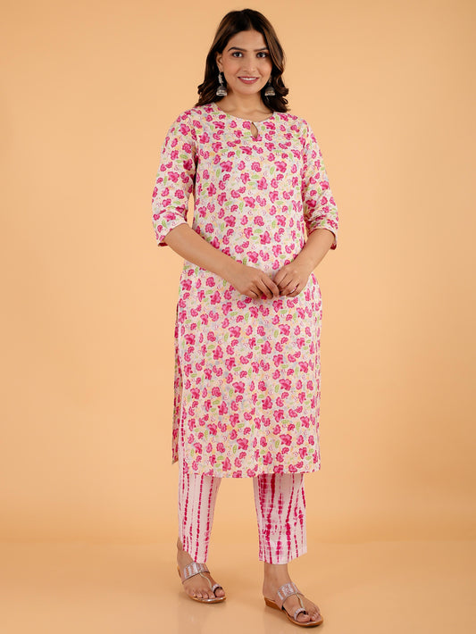 Soft Cotton Floral Straight Pink Kurta