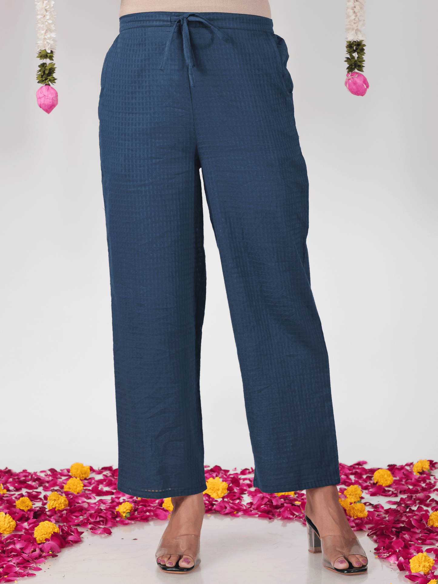 Cotton Dobby Solid Blue Straight Trousers