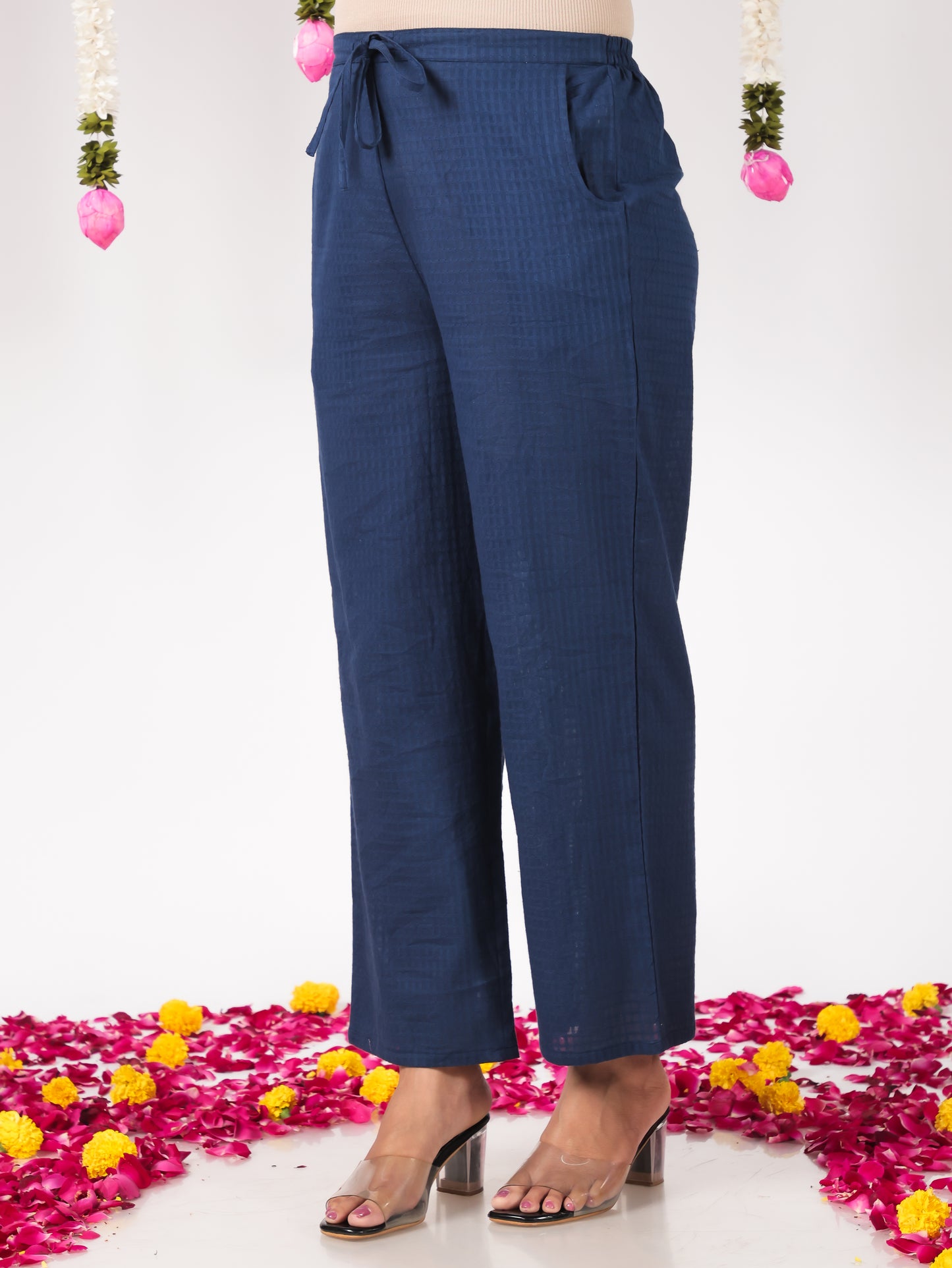 Cotton Dobby Solid Blue Straight Trousers