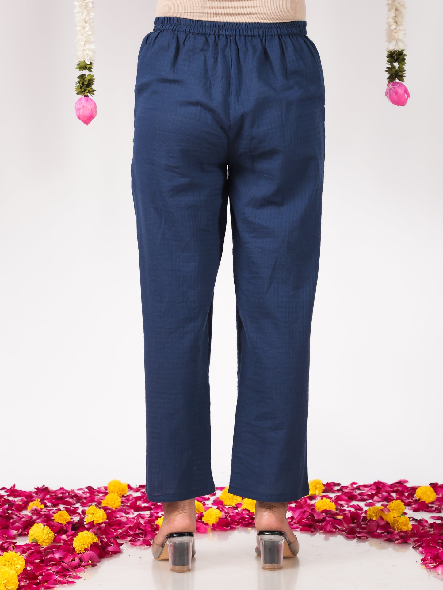 Cotton Dobby Solid Blue Straight Trousers