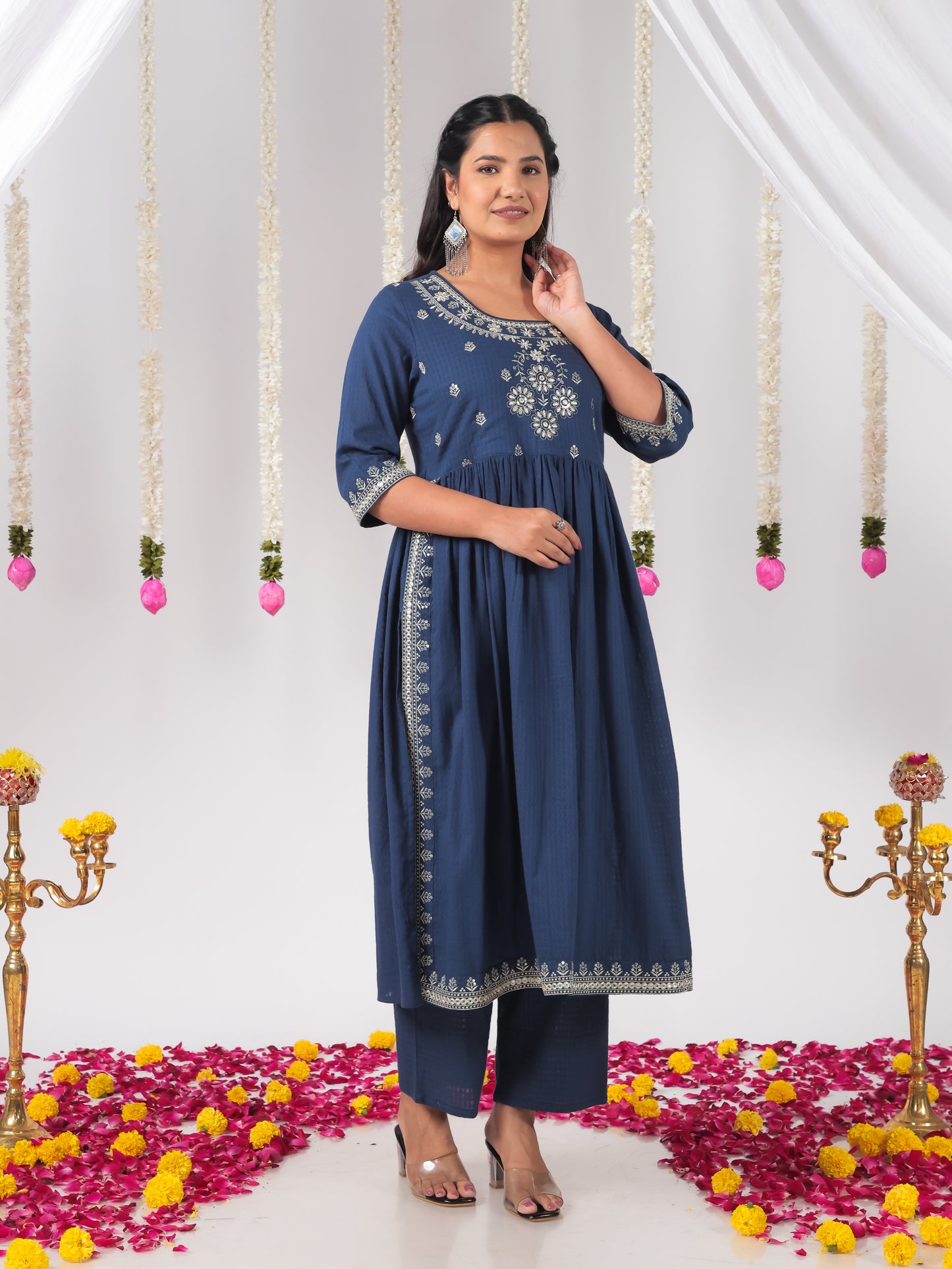Embroidered Cotton Dobby Solid A-line Blue Kurta