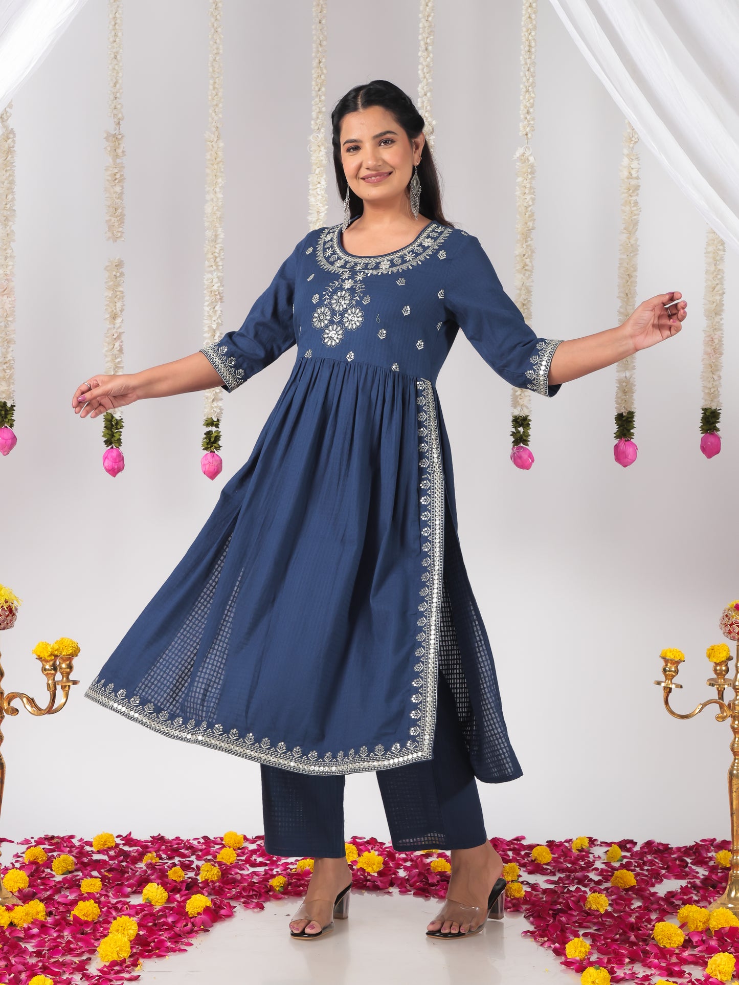 Embroidered Cotton Dobby Solid A-line Blue Kurta