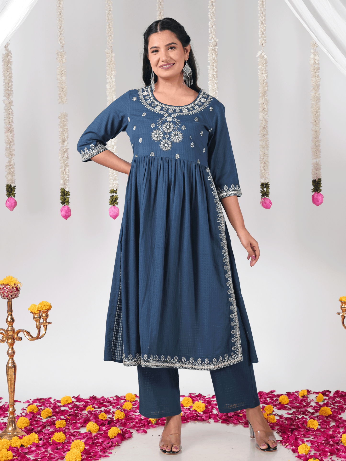 Embroidered Cotton Dobby Solid A-line Blue Kurta