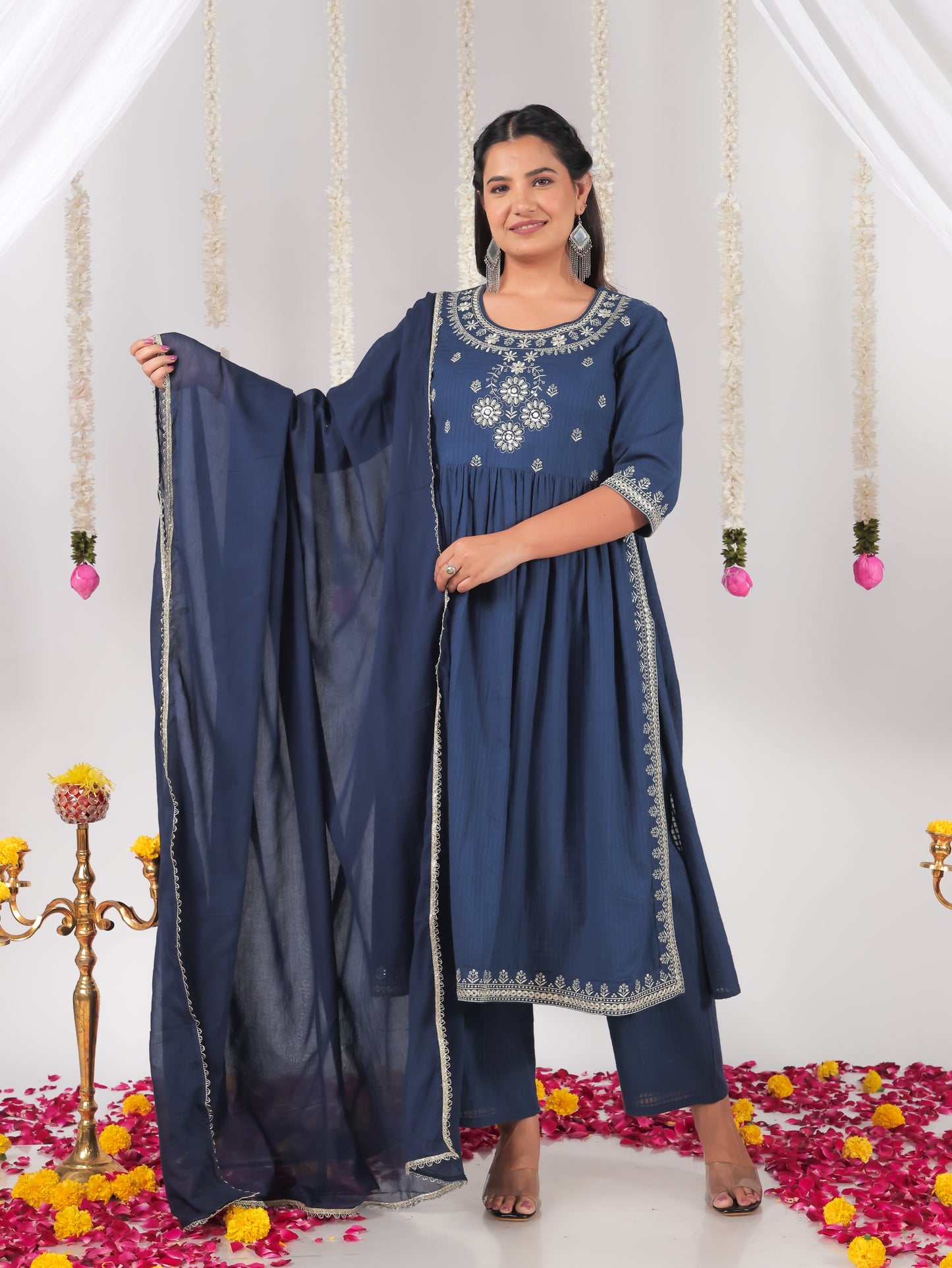 Embroidered Cotton Dobby Solid A-line Blue Kurta