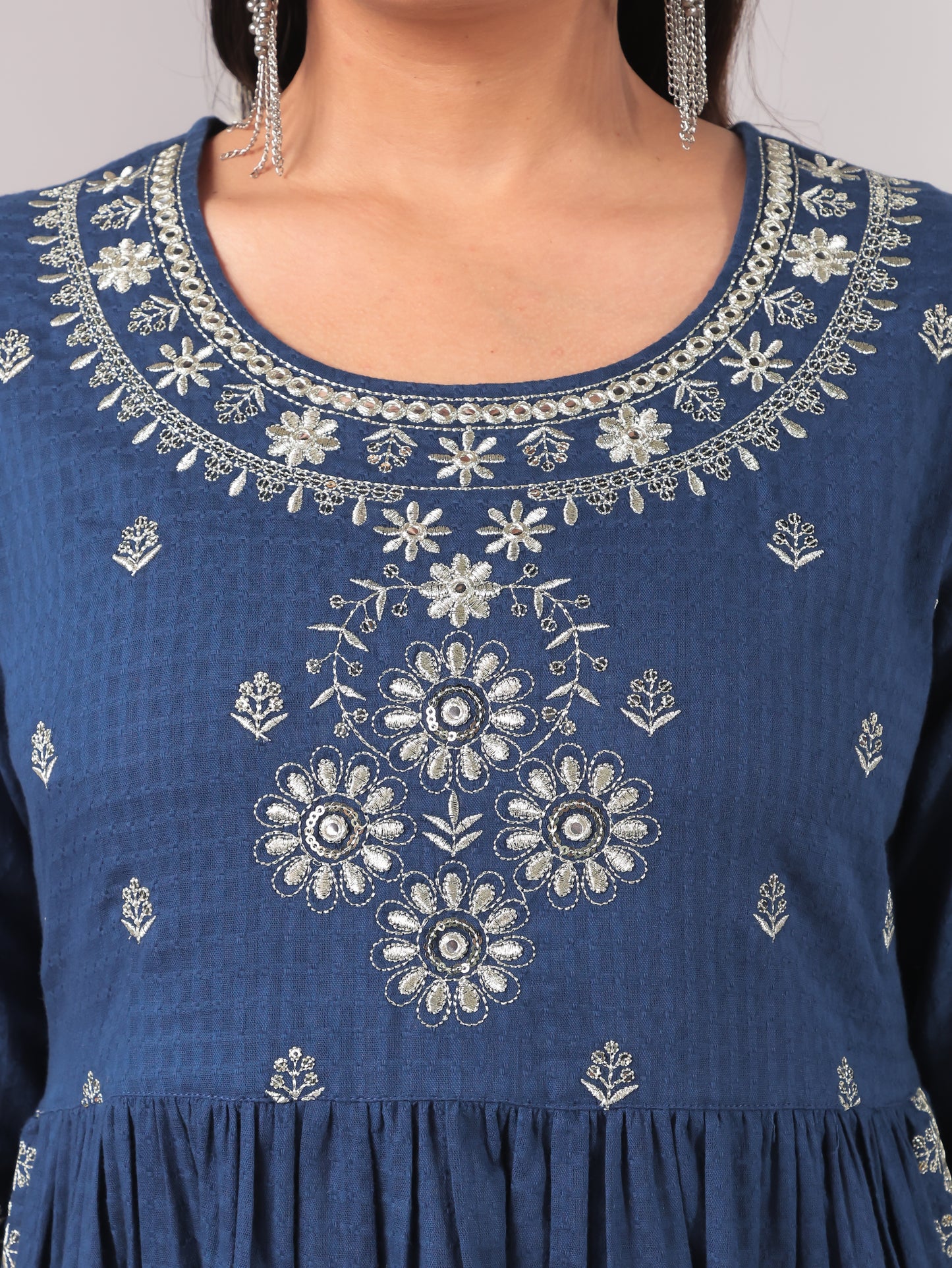 Embroidered Cotton Dobby Solid A-line Blue Kurta