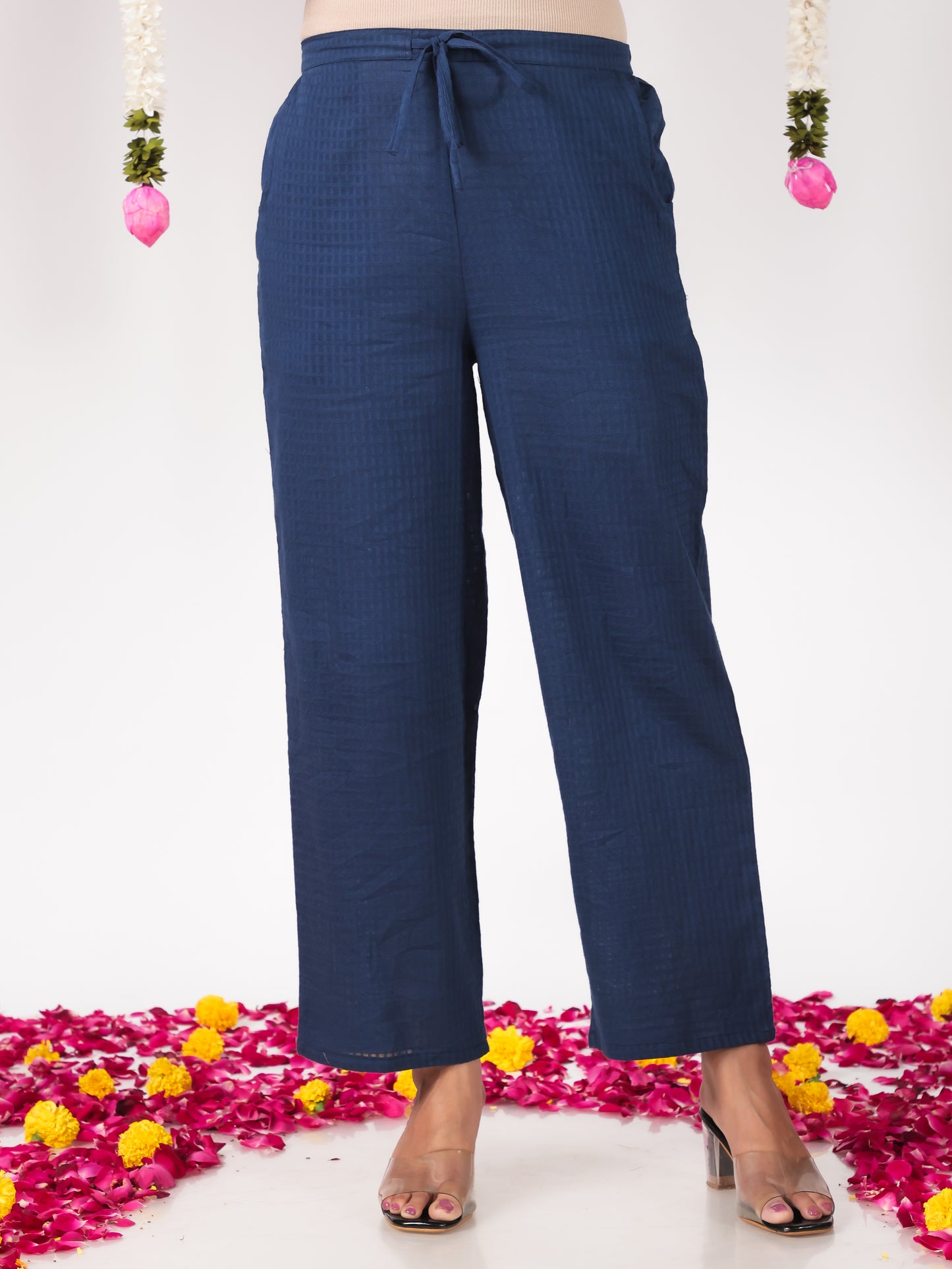 Embroidered Cotton Dobby Solid A-line Blue Kurta