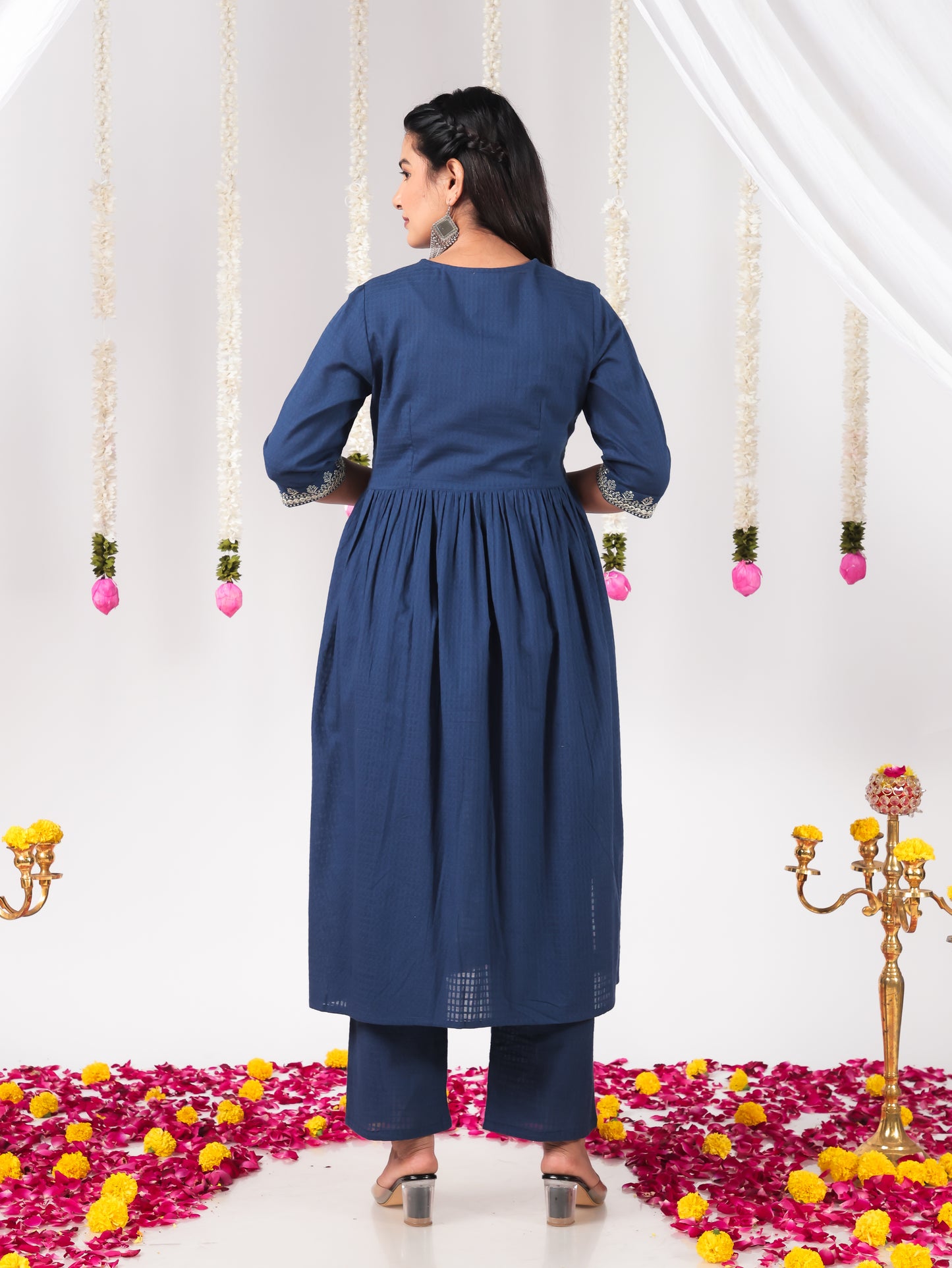 Embroidered Cotton Dobby Solid A-line Blue Kurta
