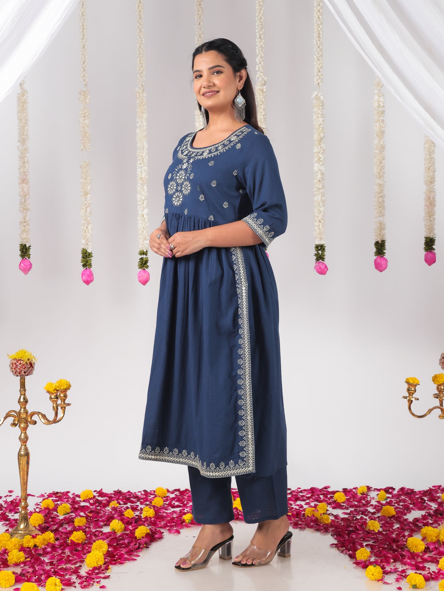 Embroidered Cotton Dobby Solid A-line Blue Kurta