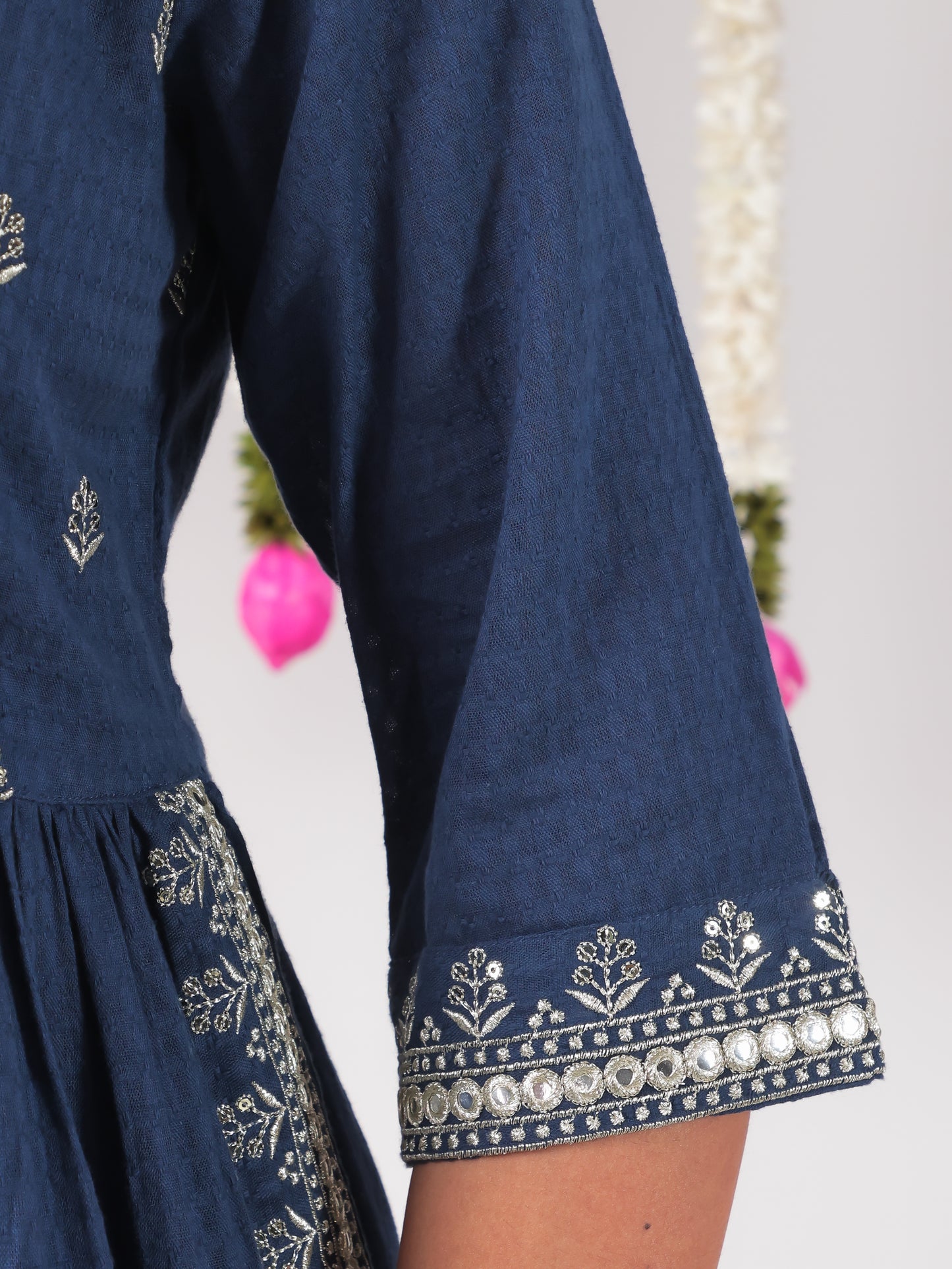 Embroidered Cotton Dobby Solid A-line Blue Kurta