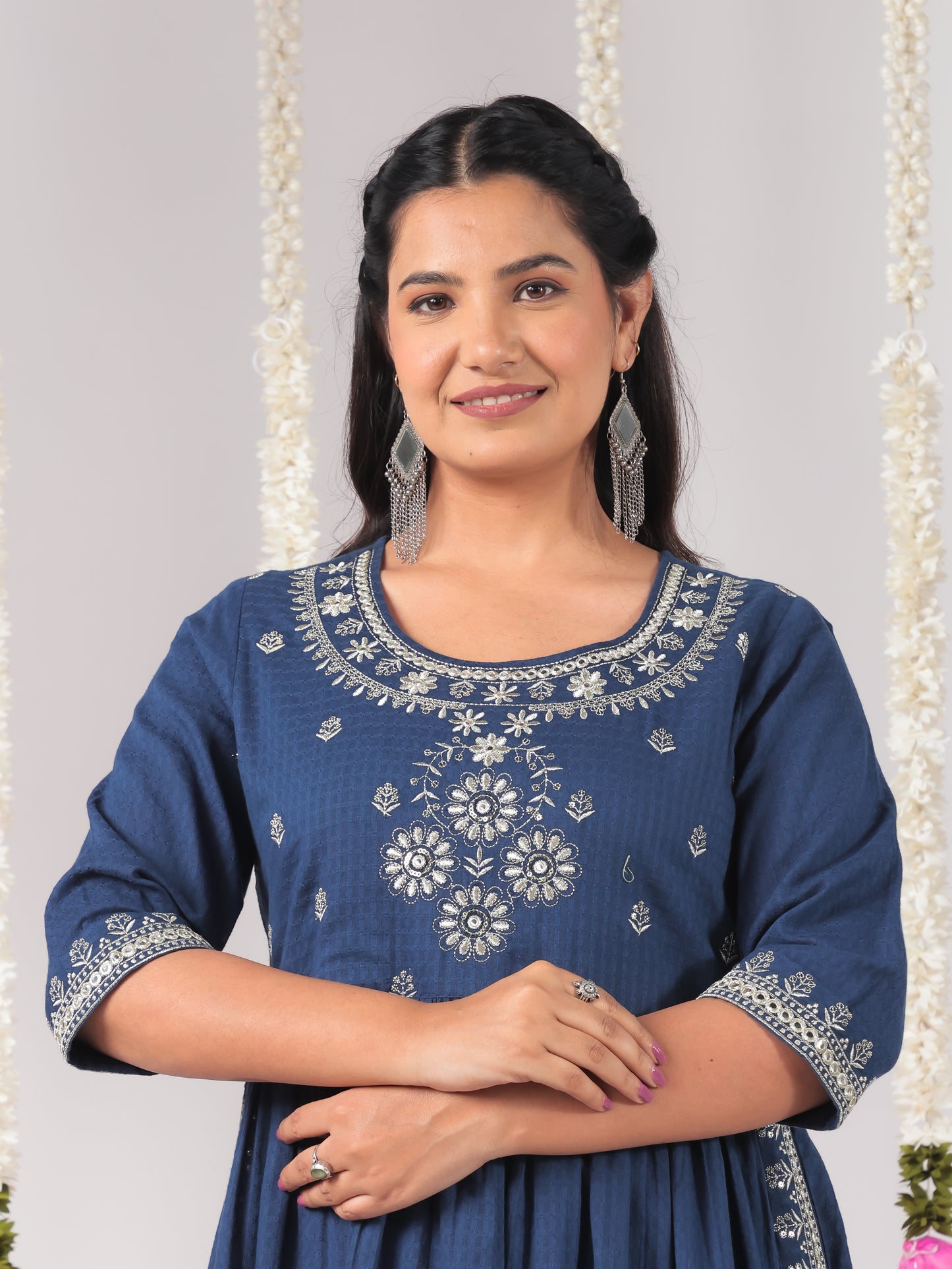 Embroidered Cotton Dobby Solid A-line Blue Kurta