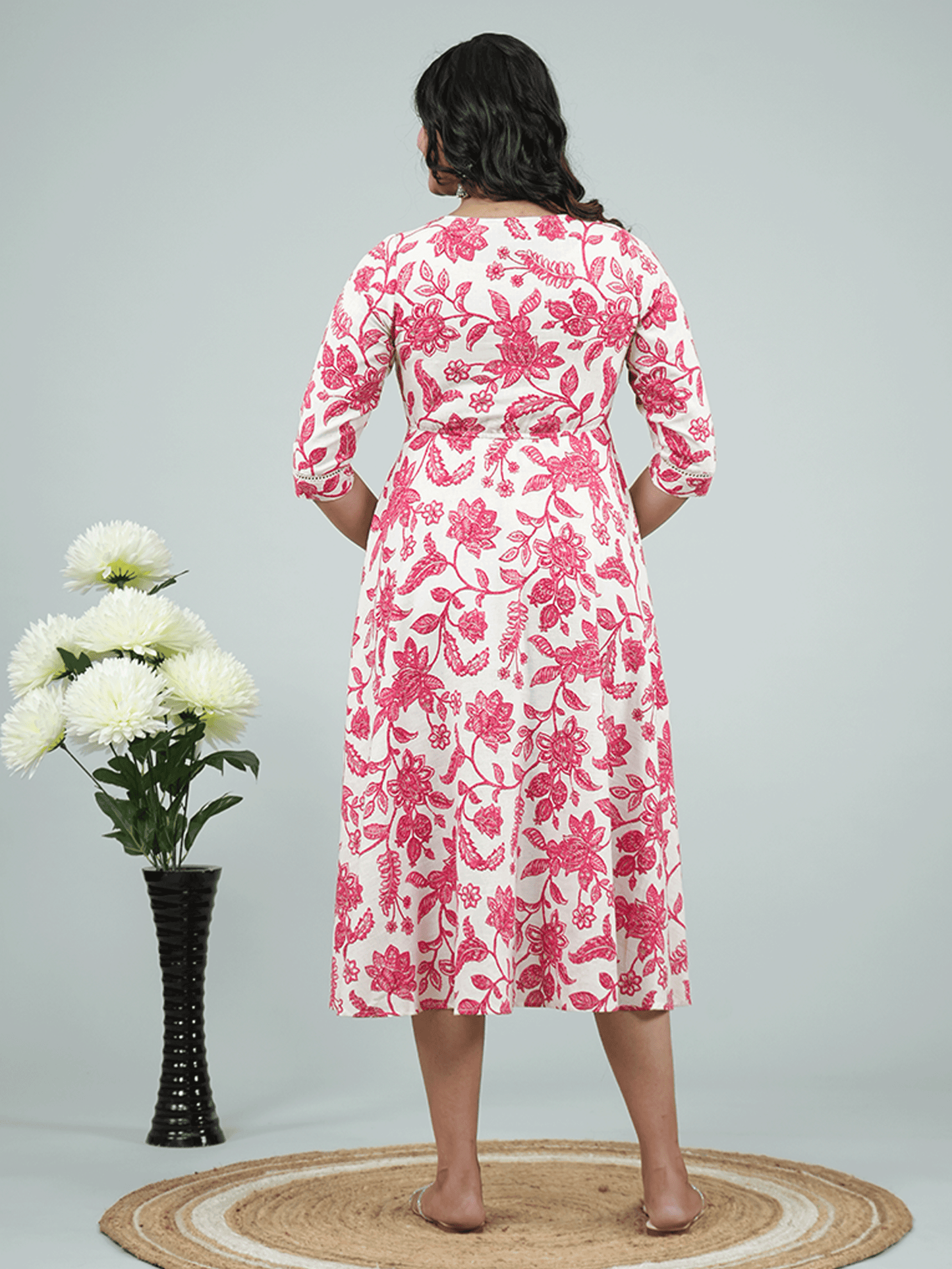 Linen Cotton Floral Anarkali Beige Dress