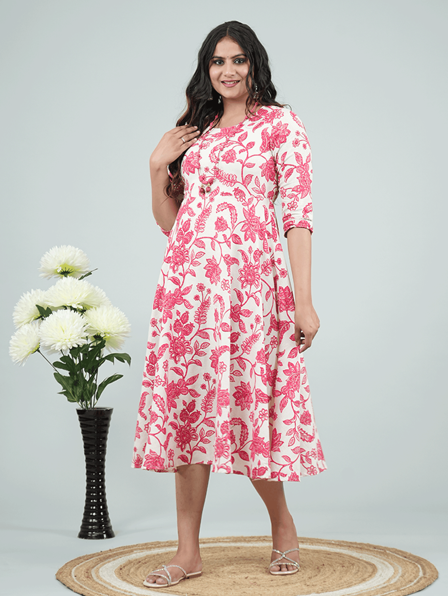 Linen Cotton Floral Anarkali Beige Dress