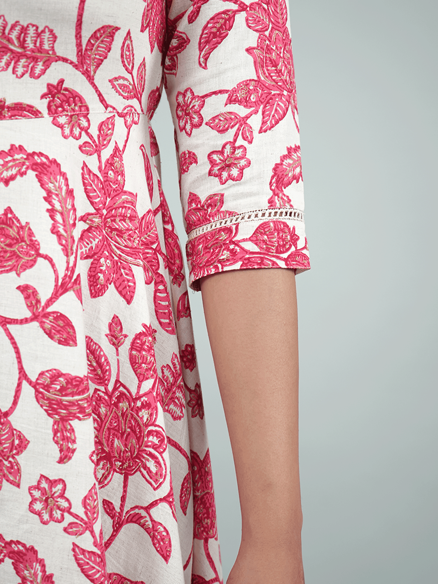 Linen Cotton Floral Anarkali Beige Dress