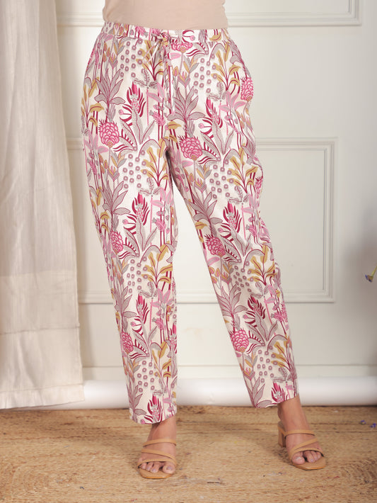 Linen Cotton Foliage Off White Tapered Trousers